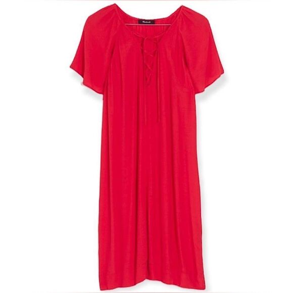 MADEWELL Dress Lace Up Front Flutter Sleeve Red Shift Size Medium - Picture 4 of 9